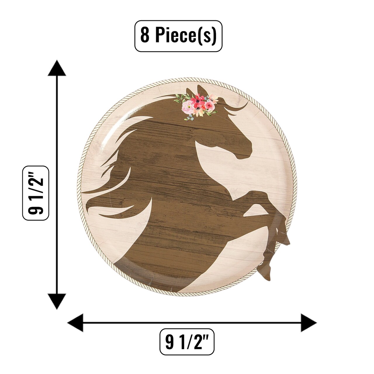 8 Count Crown of Flowers Horse Party Paper Dinner Plates 9 1/2Disposable Plates for Horse-Themed Celebrations
